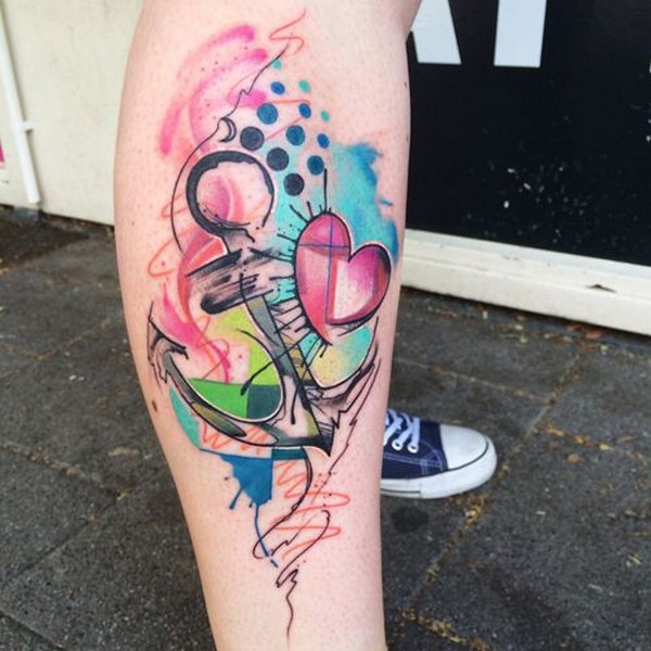 anchor heart watercolor tattoo