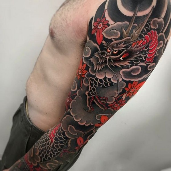 black grey dragon tattoo fullhand