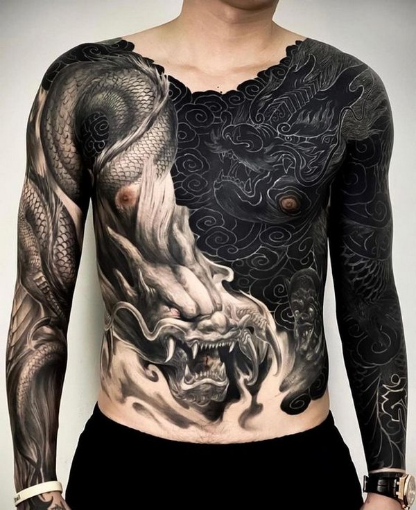 black white dragon tattoo