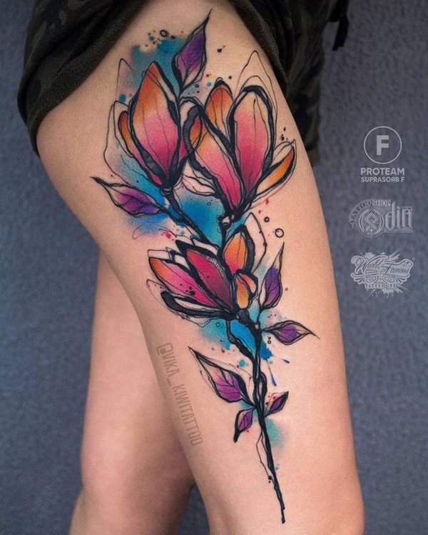 flower watercolor tattoo leg