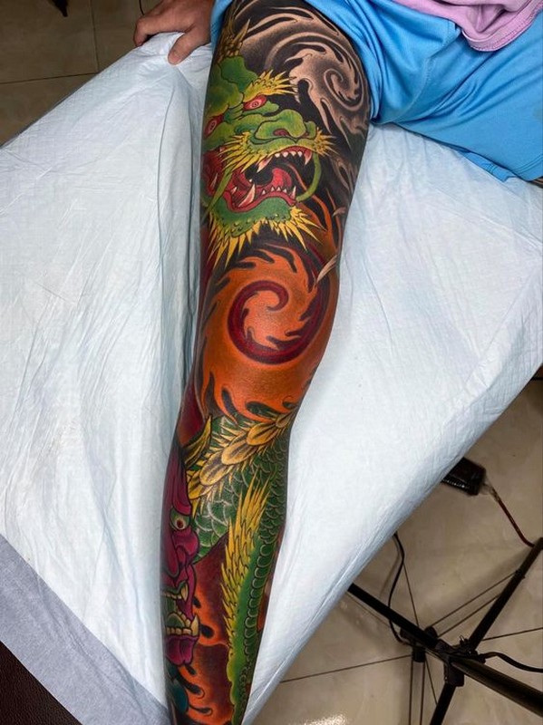 full leg tattoo dragon
