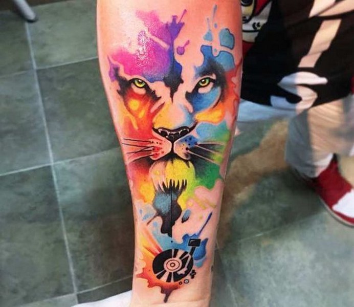 lion watercolor tattoo hand