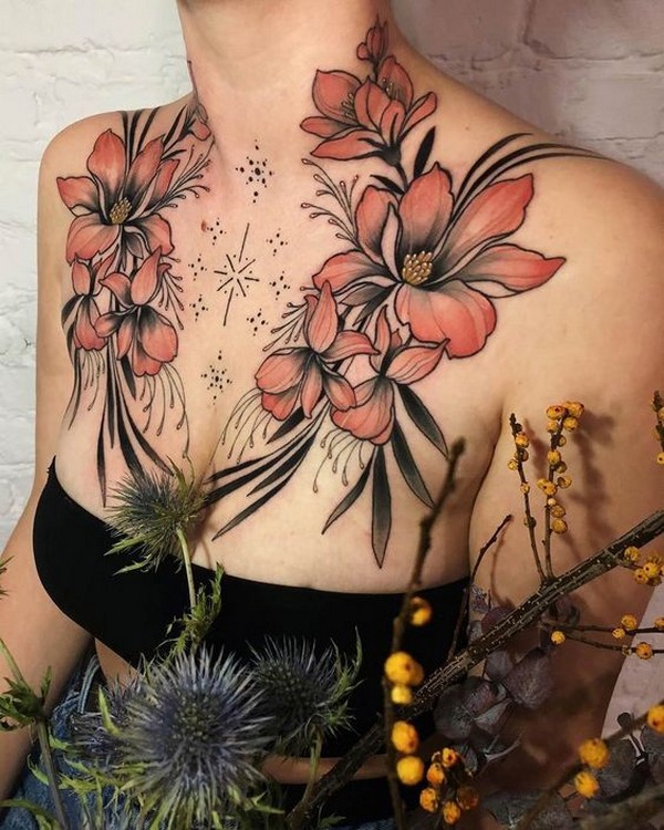 pink flower tattoo chest