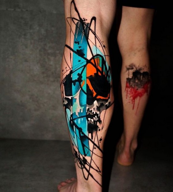 skull leg watercolor tattoo